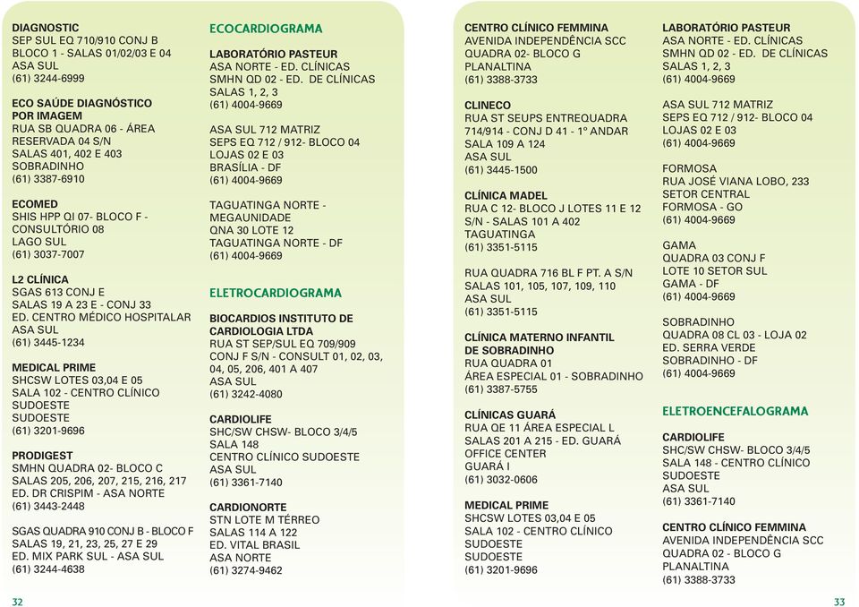 CENTRO MÉDICO HOSPITALAR (61) 3445-1234 SHCSW LOTES 03,04 E 05 SALA 102 - CENTRO CLÍNICO PRODIGEST SMHN QUADRA 02- BLOCO C SALAS 205, 206, 207, 215, 216, 217 ED.