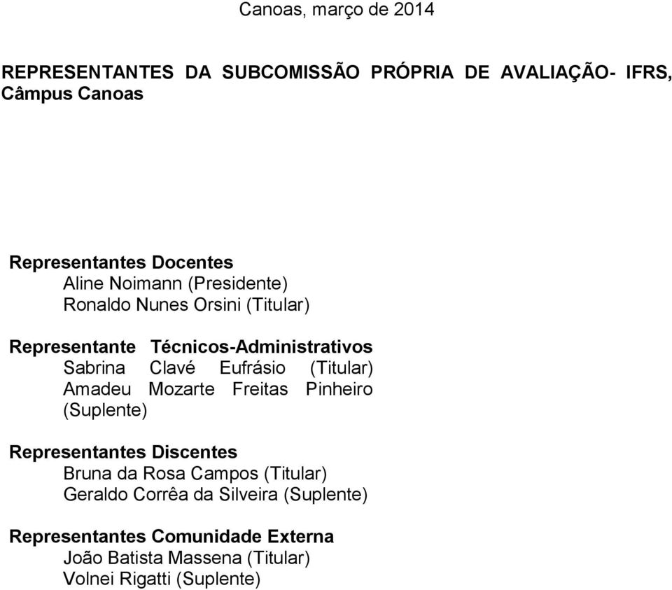 Eufrásio (Titular) Amadeu Mozarte Freitas Pinheiro (Suplente) Representantes Discentes Bruna da Rosa Campos (Titular)