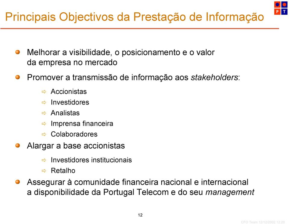 Analistas Imprensa financeira Colaboradores Alargar a base accionistas Investidores institucionais Retalho