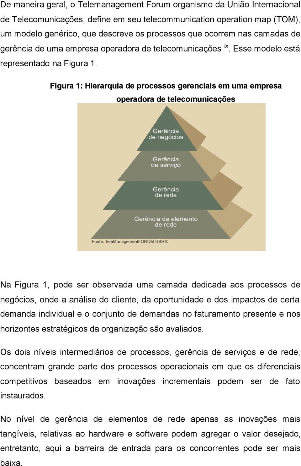 Figura 1: Hierarquia de processos gerenciais em uma empresa operadora de telecomunicações Na Figura 1, pode ser observada uma camada dedicada aos processos de negócios, onde a análise do cliente, da