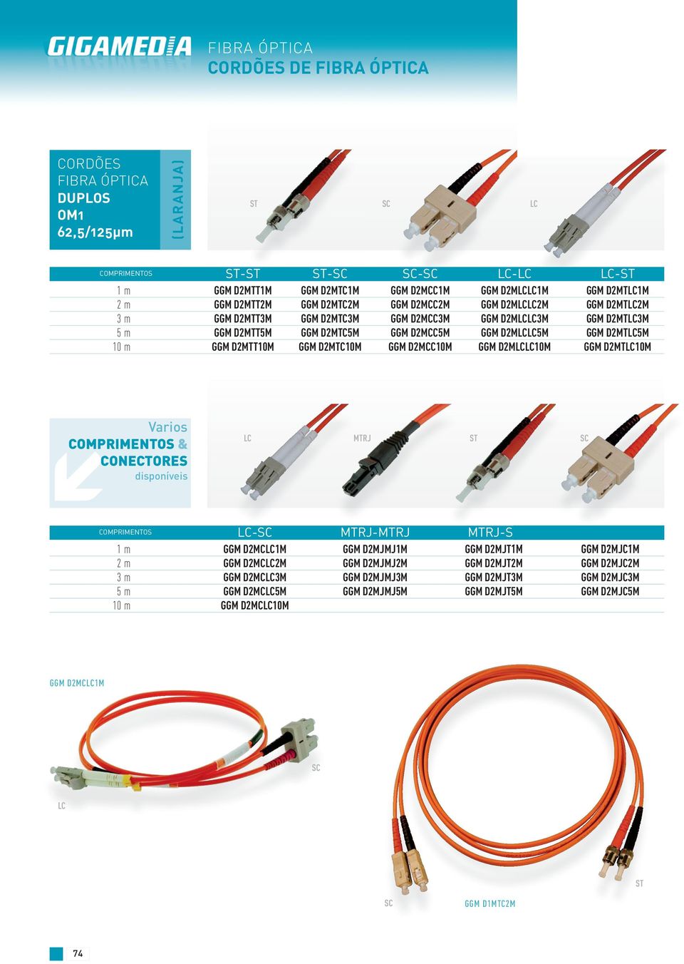 m GGM D2MTT10M GGM D2MTC10M GGM D2MCC10M GGM D2MLCLC10M GGM D2MTLC10M Varios mcomprimentos & CONECTORES disponíveis LC MTRJ ST SC COMPRIMENTOS LC-SC MTRJ-MTRJ MTRJ-ST MTRJ-SC 1 m GGM D2MCLC1M GGM