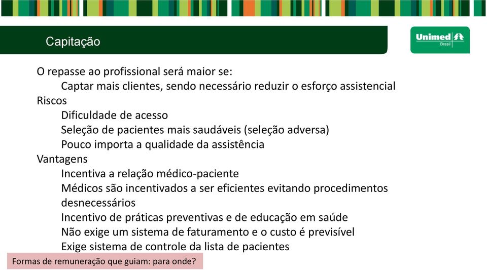 médico-paciente Médicos são incentivados a ser eficientes evitando procedimentos desnecessários Incentivo de práticas preventivas e de educação