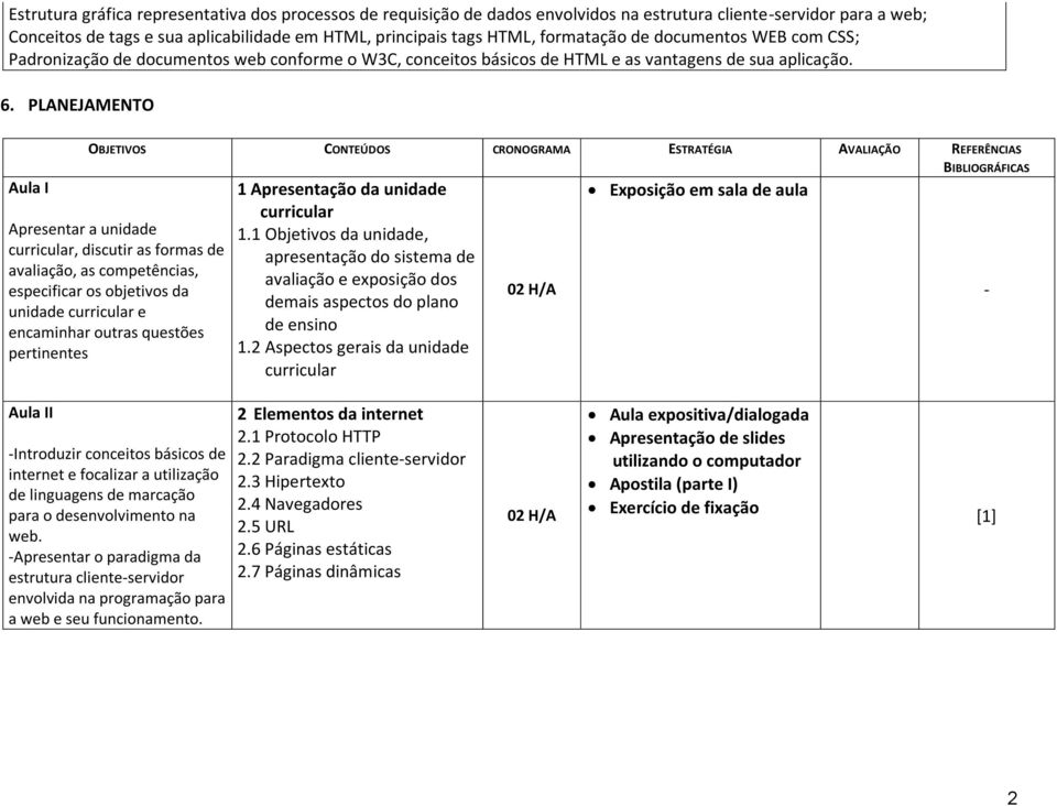 PLANEJAMENTO Aula I OBJETIVOS CONTEÚDOS CRONOGRAMA ESTRATÉGIA AVALIAÇÃO REFERÊNCIAS Apresentar a unidade curricular, discutir as formas de avaliação, as competências, especificar os objetivos da