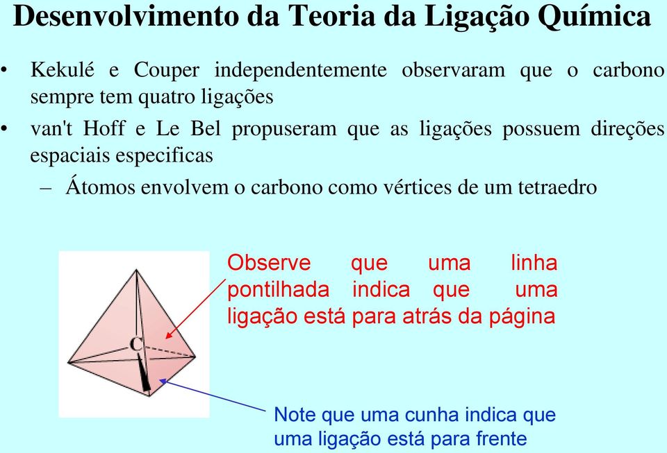 especificas Átomos envolvem o carbono como vértices de um tetraedro Observe que uma linha pontilhada