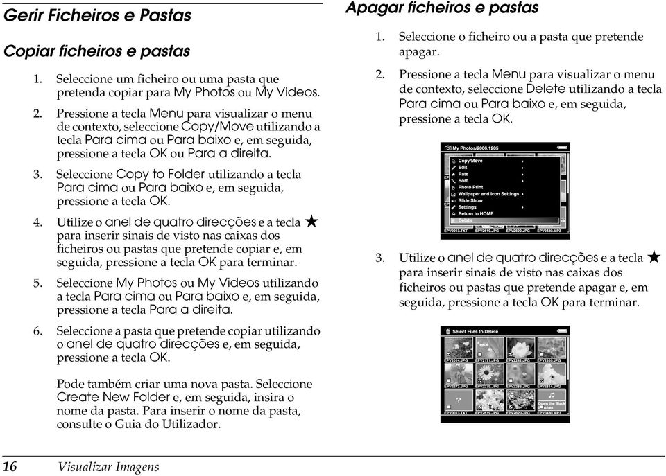 . Seleccione Copy to Folder utilizando a tecla Para cima ou Para baixo e, em seguida, pressione a tecla OK. 4.