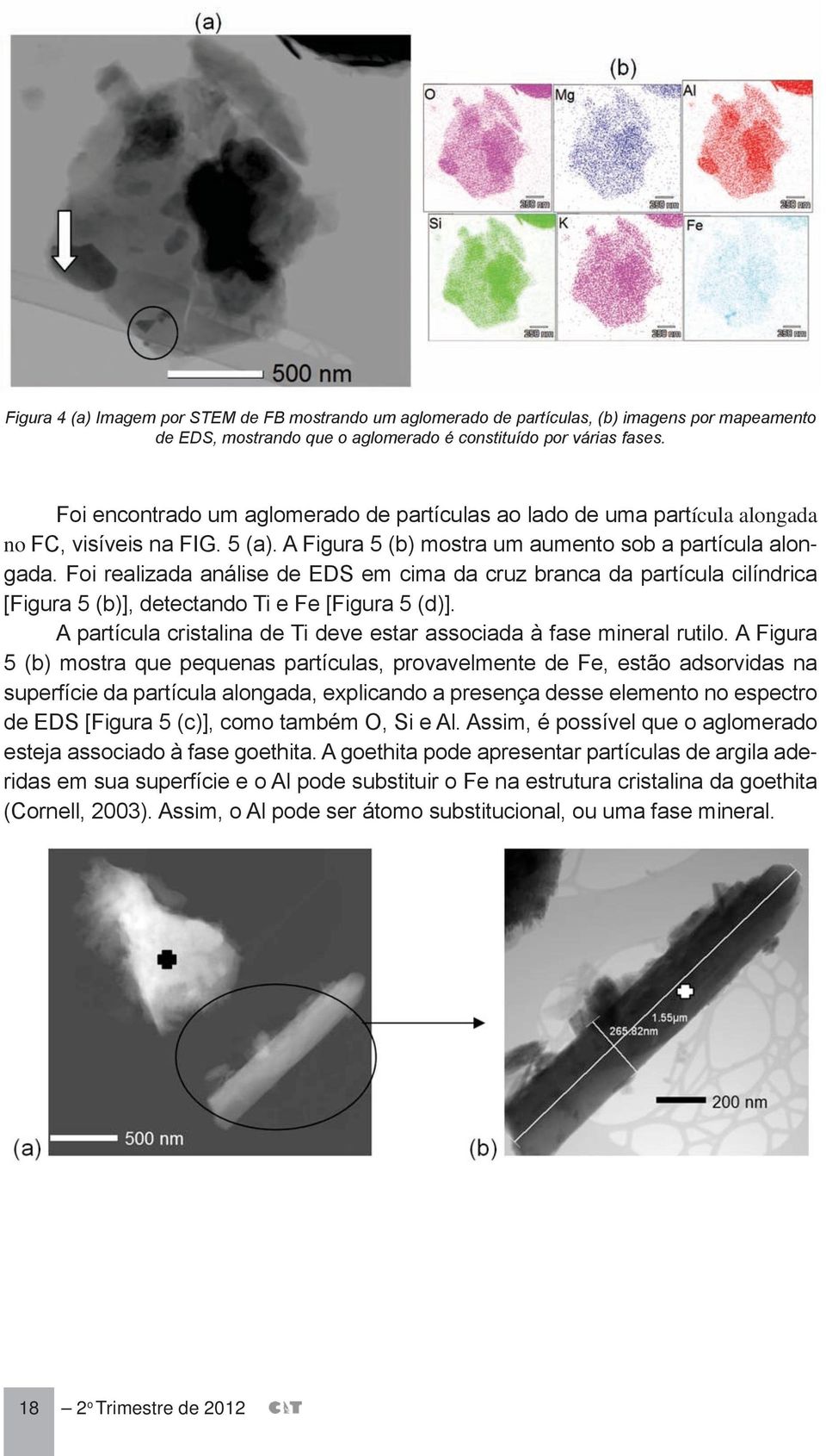 Foi realizada análise de EDS em cima da cruz branca da partícula cilíndrica [Figura 5 (b)], detectando Ti e Fe [Figura 5 (d)]. A partícula cristalina de Ti deve estar associada à fase mineral rutilo.