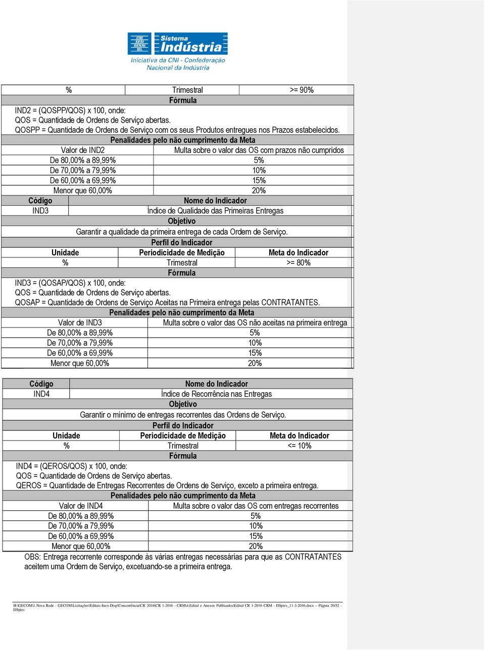 Penalidades pelo não cumprimento da Meta Valor de IND2 Multa sobre o valor das OS com prazos não cumpridos De 80,00% a 89,99% 5% De 70,00% a 79,99% 10% De 60,00% a 69,99% 15% Menor que 60,00% 20%