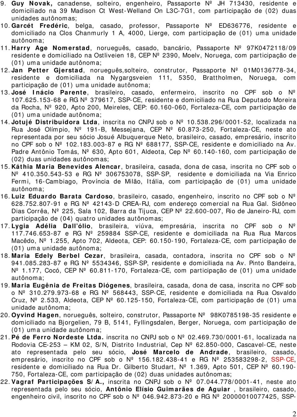 Harry Age Nomerstad, norueguês, casado, bancário, Passaporte Nº 97K0472118/09 residente e domiciliado na Ostliveien 18, CEP Nº 2390, Moelv, Noruega, com participação de 12.