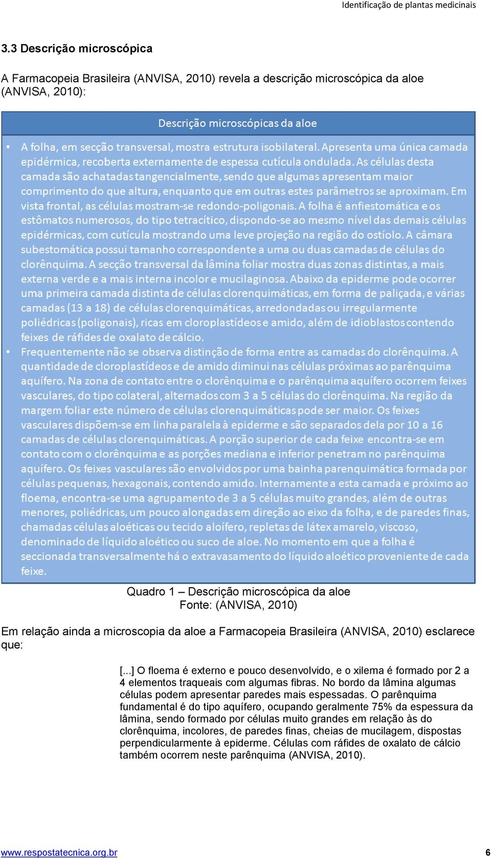 a microscopia da aloe a Farmacopeia Brasileira (ANVISA, 2010) esclarece que: [...] O floema é externo e pouco desenvolvido, e o xilema é formado por 2 a 4 elementos traqueais com algumas fibras.