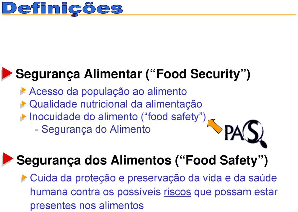 Alimento Segurança dos Alimentos ( Food Safety ) Cuida da proteção e preservação da