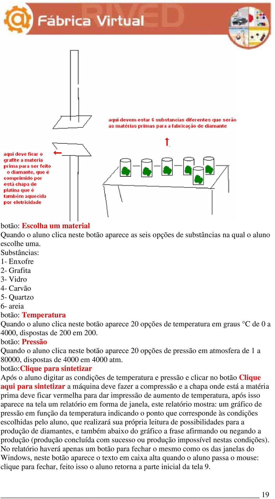 em 200. botão: Pressão Quando o aluno clica neste botão aparece 20 opções de pressão em atmosfera de 1 a 80000, dispostas de 4000 em 4000 atm.