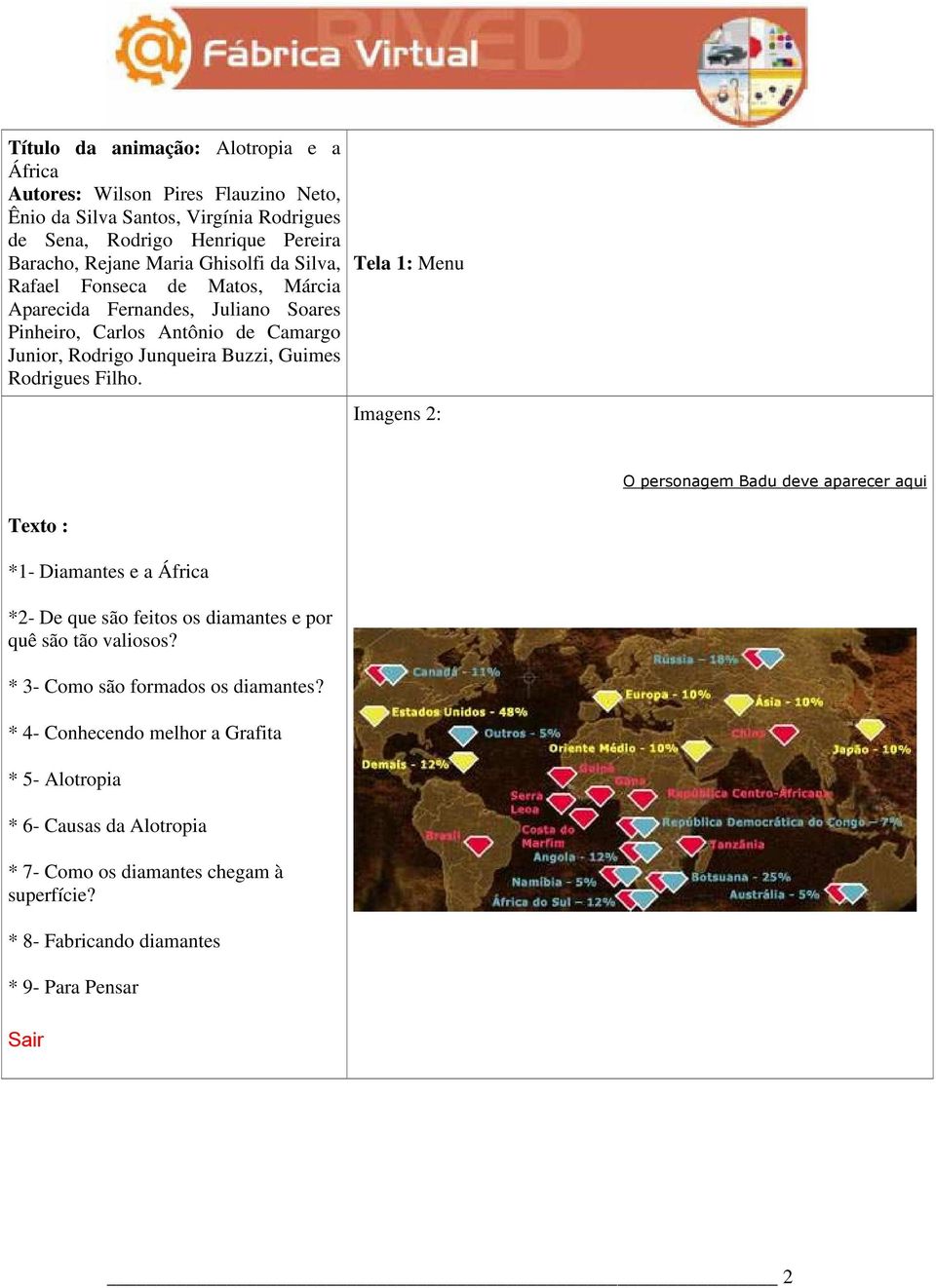 Tela 1: Menu Imagens 2: O personagem Badu deve aparecer aqui Texto : *1- Diamantes e a África *2- De que são feitos os diamantes e por quê são tão valiosos?