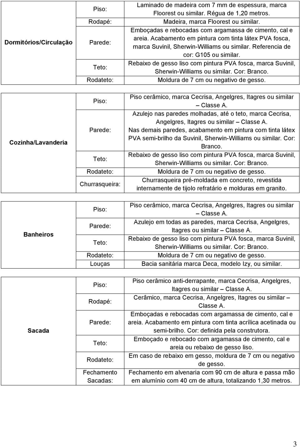 Piso cerâmico, marca Cecrisa, Angelgres, Itagres ou similar Classe A. Azulejo nas paredes molhadas, até o teto, marca Cecrisa, Angelgres, Itagres ou similar Classe A.