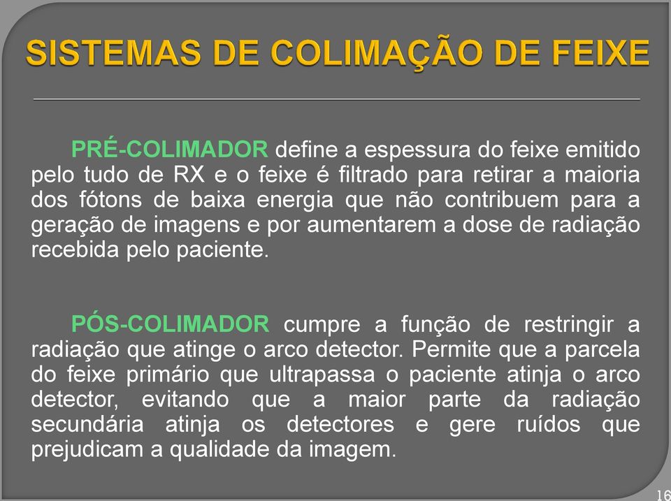 PÓS-COLIMADOR cumpre a função de restringir a radiação que atinge o arco detector.