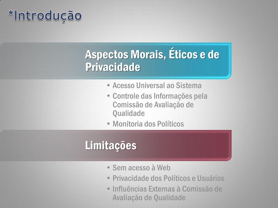 Monitoria dos Políticos Limitações Sem acesso à Web Privacidade dos