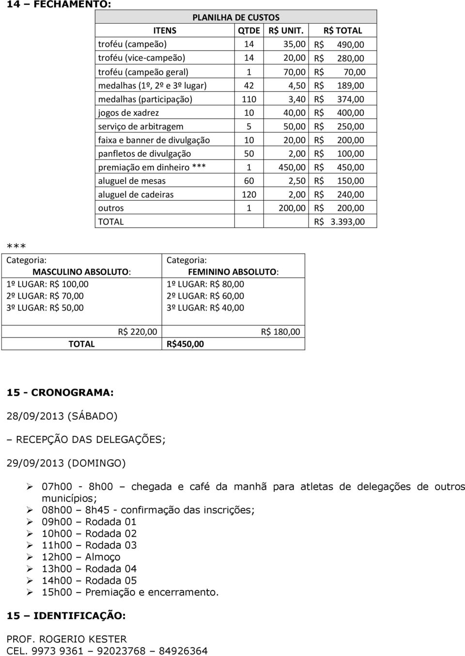 110 3,40 R$ 374,00 jogos de xadrez 10 40,00 R$ 400,00 serviço de arbitragem 5 50,00 R$ 250,00 faixa e banner de divulgação 10 20,00 R$ 200,00 panfletos de divulgação 50 2,00 R$ 100,00 premiação em