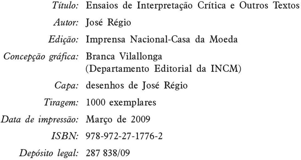 (Departamento Editorial da INCM) Capa: desenhos de José Régio Tiragem: 1000