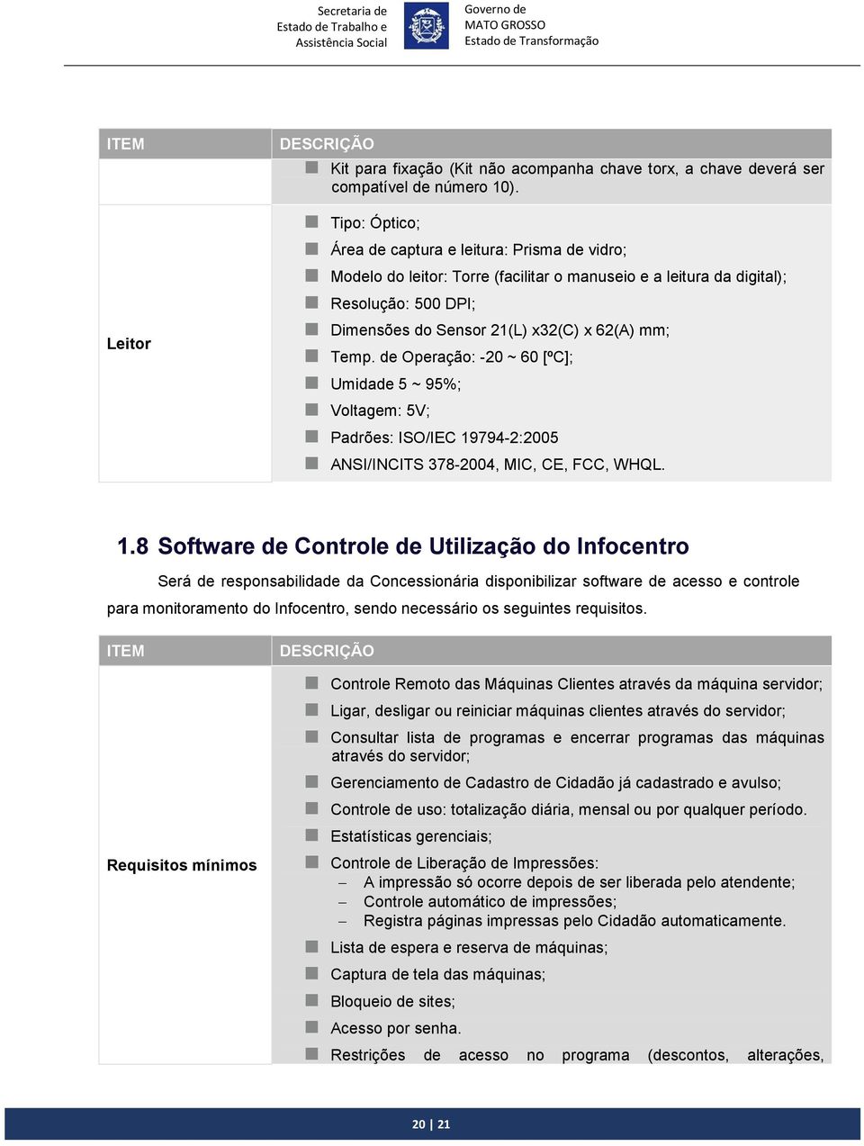 de Operação: -20 ~ 60 [ºC]; Umidade 5 ~ 95%; Voltagem: 5V; Padrões: ISO/IEC 19