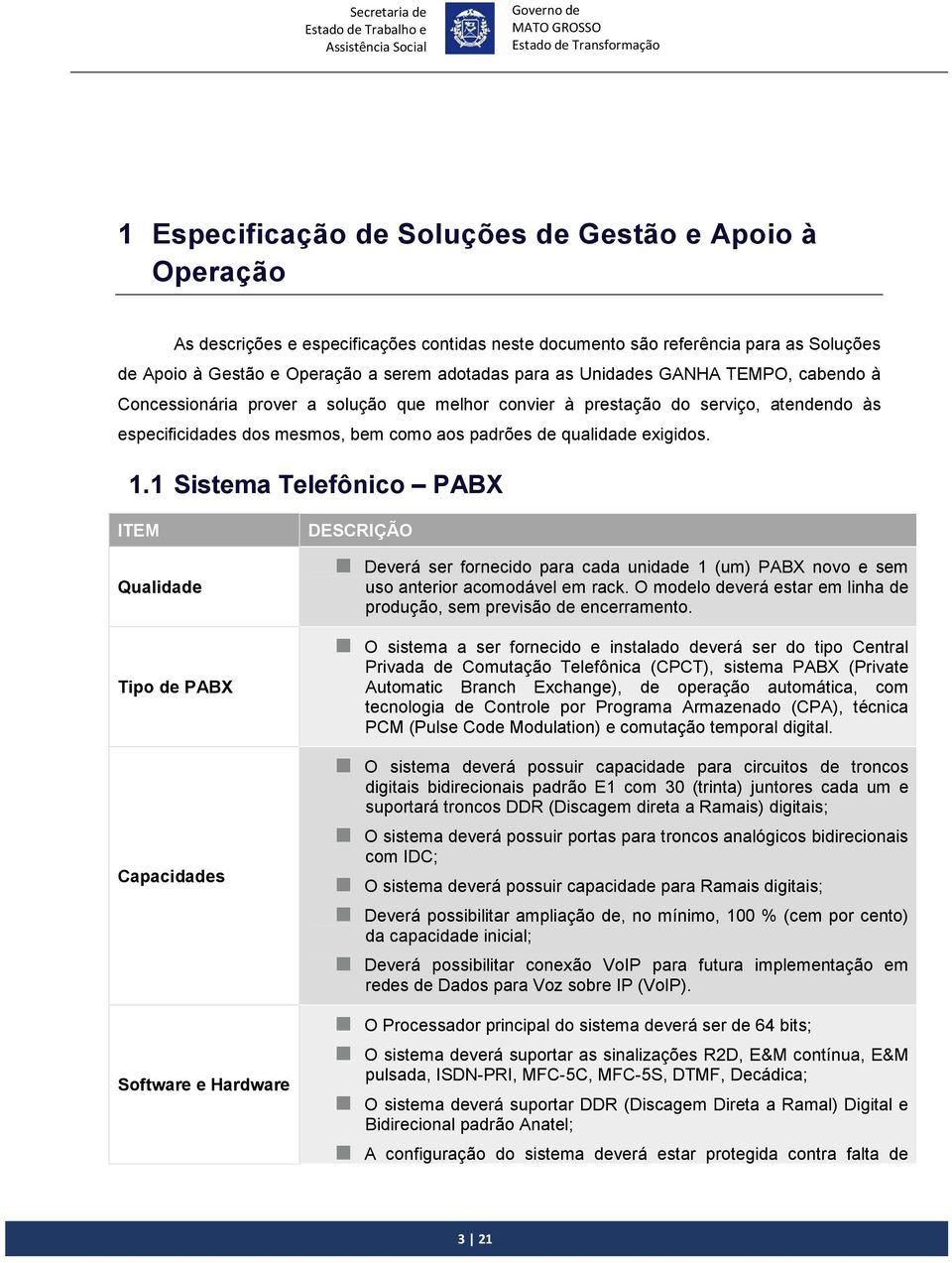 1 Sistema Telefônico PABX Qualidade Tipo de PABX Capacidades Software e Hardware Deverá ser fornecido para cada unidade 1 (um) PABX novo e sem uso anterior acomodável em rack.