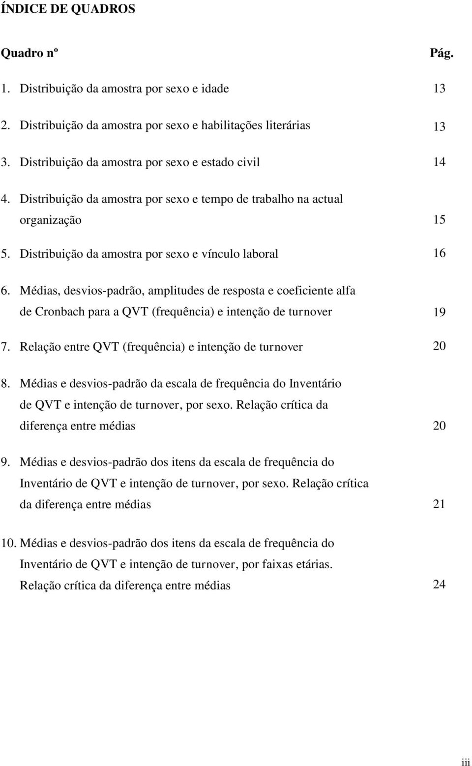 Médias, desvios-padrão, amplitudes de resposta e coeficiente alfa de Cronbach para a QVT (frequência) e intenção de turnover 7. Relação entre QVT (frequência) e intenção de turnover 19 20 8.