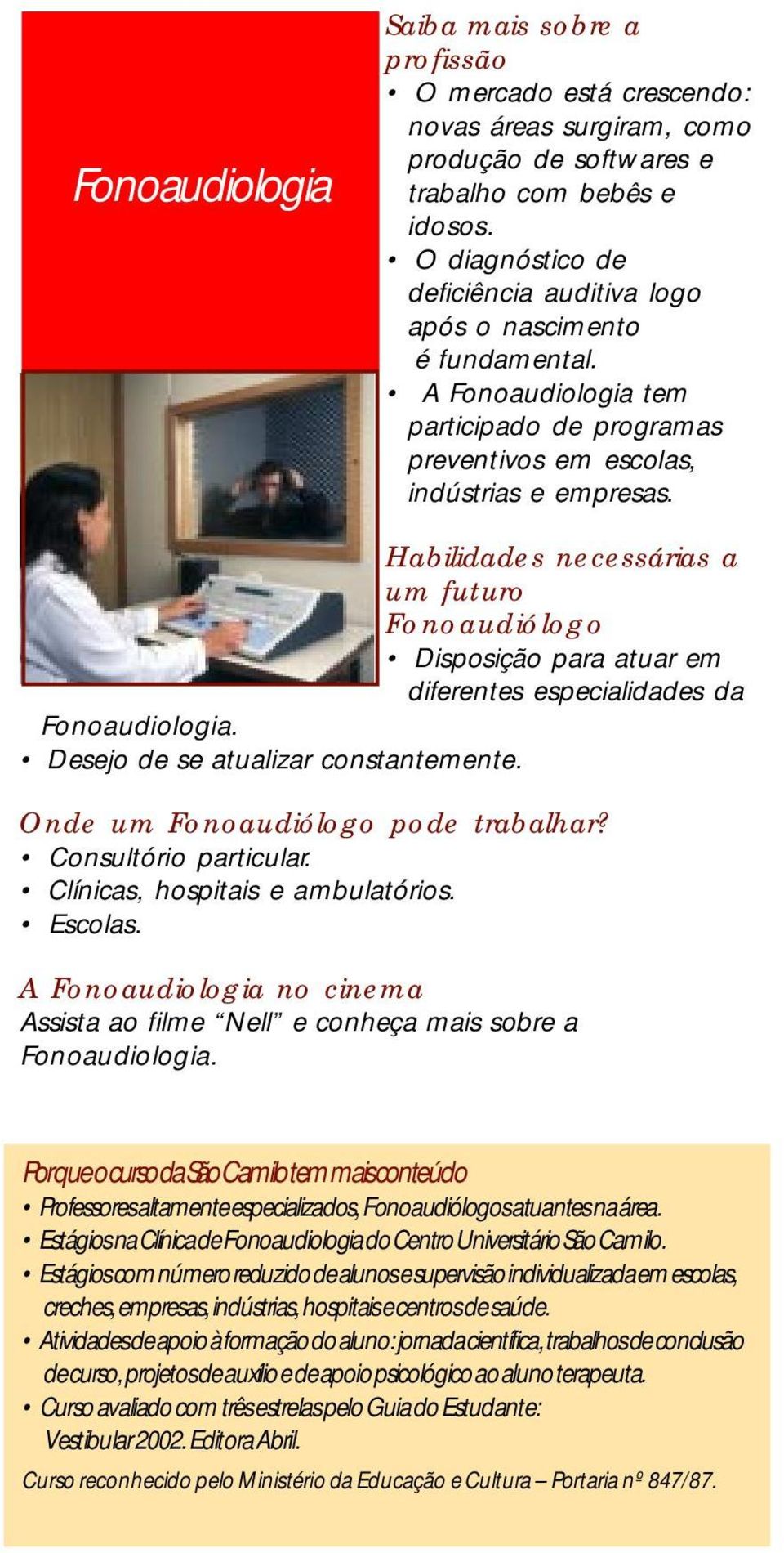 Habilidades necessárias a um futuro Fonoaudiólogo Disposição para atuar em diferentes especialidades da Fonoaudiologia. Desejo de se atualizar constantemente. Onde um Fonoaudiólogo pode trabalhar?