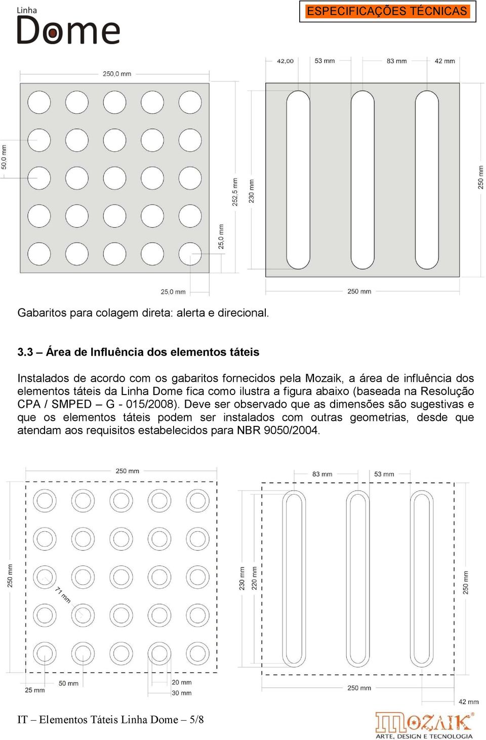 elementos táteis da Linha Dome fica como ilustra a figura abaixo (baseada na Resolução CPA / SMPED G - 015/2008).