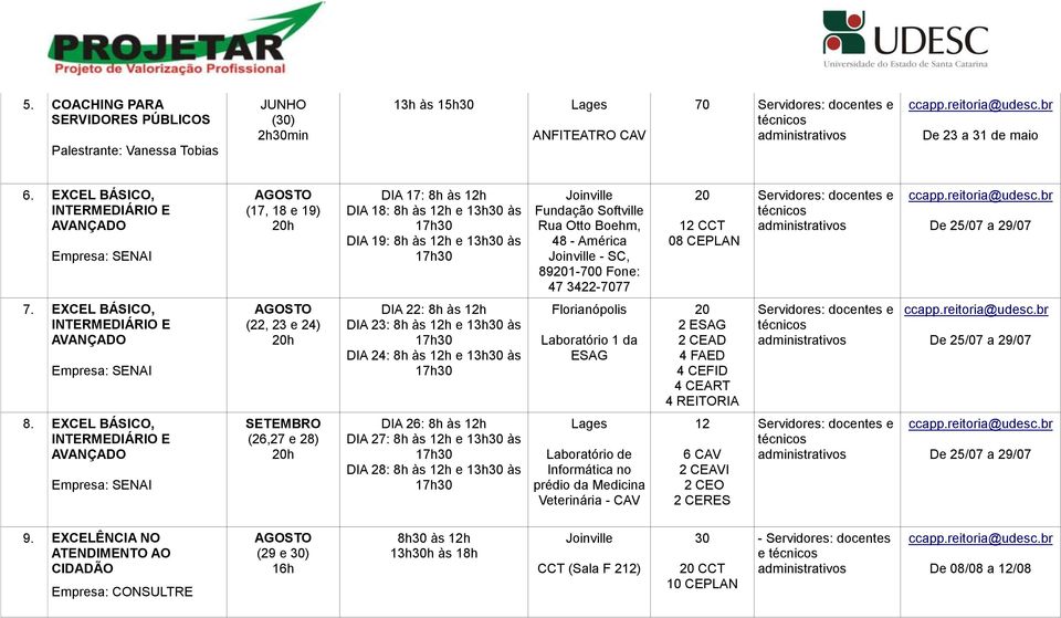 48 - América Joinville - SC, 89201-700 Fone: 47 3422-7077 20 12 CCT 08 CEPLAN Servidores: docentes e De 25/07 a 29/07 7.