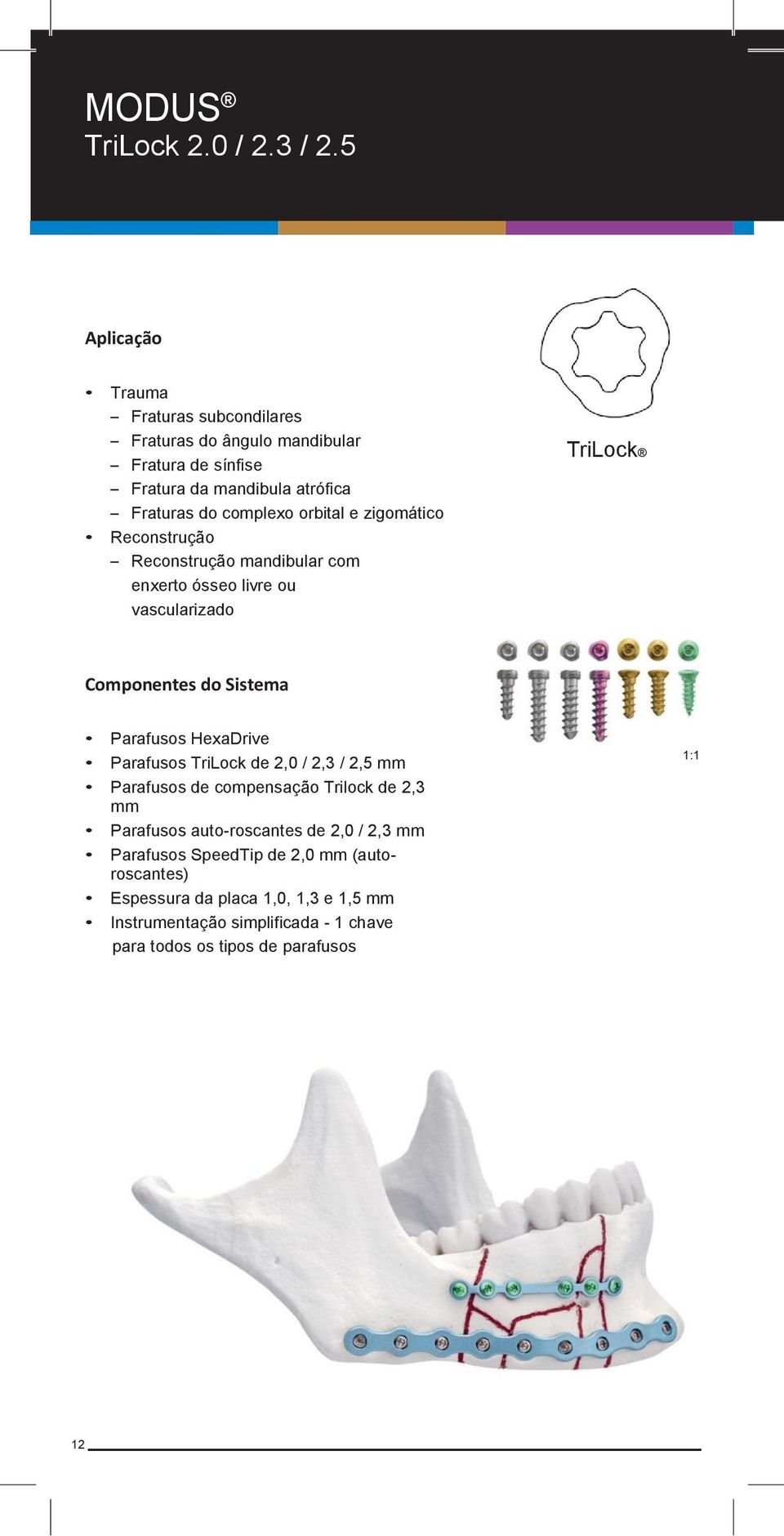 zigomático Reconstrução Reconstrução mandibular com enxerto ósseo livre ou vascularizado TriLock Parafusos HexaDrive Parafusos TriLock de 2,0