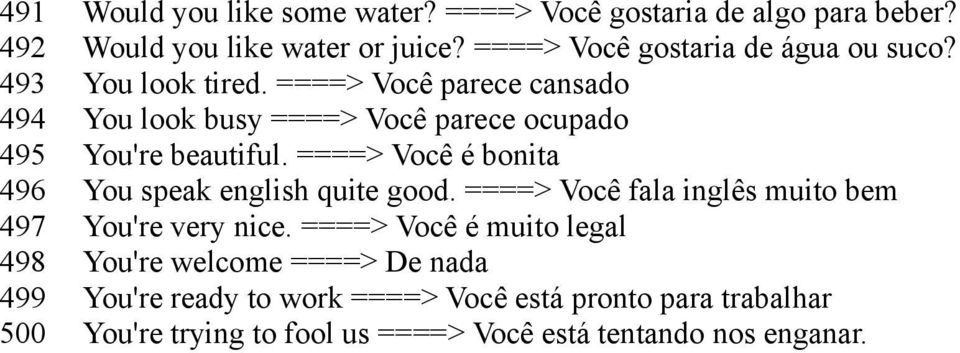 ====> Você é bonita You speak english quite good. ====> Você fala inglês muito bem You're very nice.