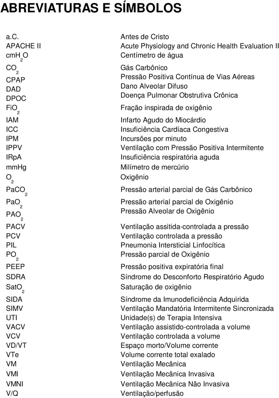 Physiology and Chronic Health Evaluation II Centímetro de água Gás Carbônico Pressão Positiva Contínua de Vias Aéreas Dano Alveolar Difuso Doença Pulmonar Obstrutiva Crônica Fração inspirada de