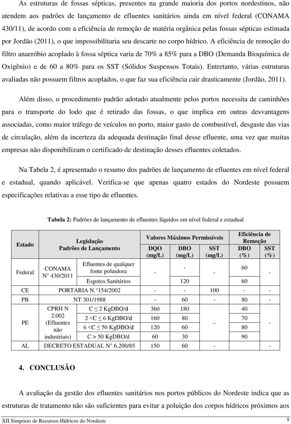 A eficiência de remoção do filtro anaeróbio acoplado à fossa séptica varia de 70% a 85% para a DBO (Demanda Bioquímica de Oxigênio) e de 60 a 80% para os SST (Sólidos Suspensos Totais).