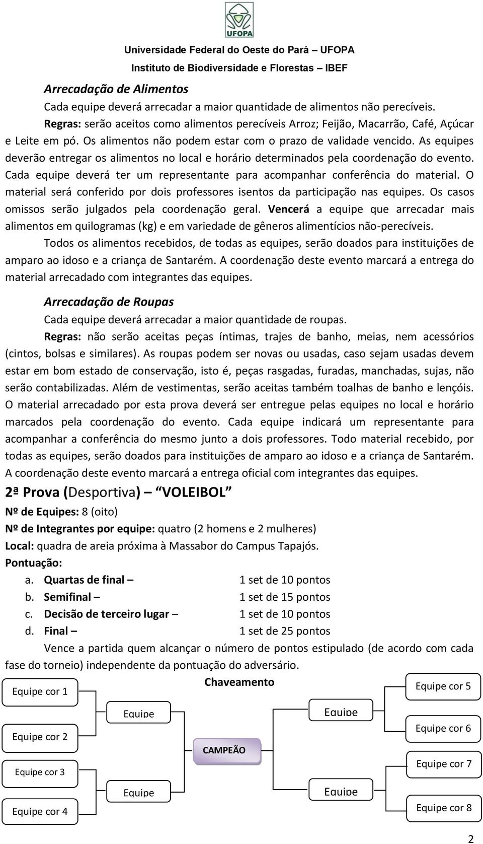 As equipes deverão entregar os alimentos no local e horário determinados pela coordenação do evento. Cada equipe deverá ter um representante para acompanhar conferência do material.