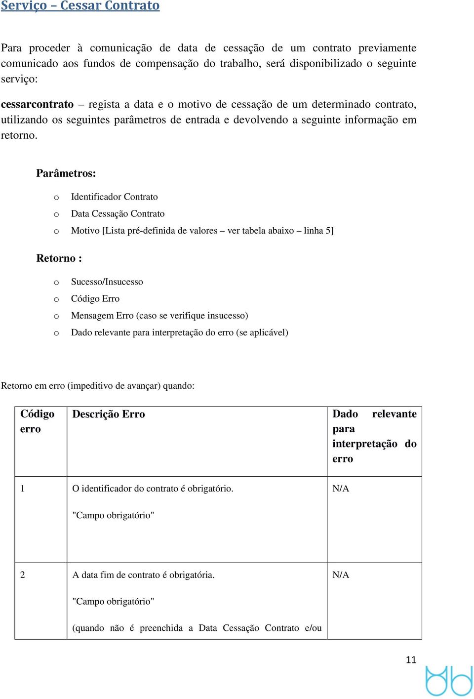 Parâmetrs: Identificadr Cntrat Data Cessaçã Cntrat Mtiv [Lista pré-definida de valres ver tabela abaix linha 5] Retrn : Sucess/Insucess Códig Err Mensagem Err (cas se verifique insucess) Dad