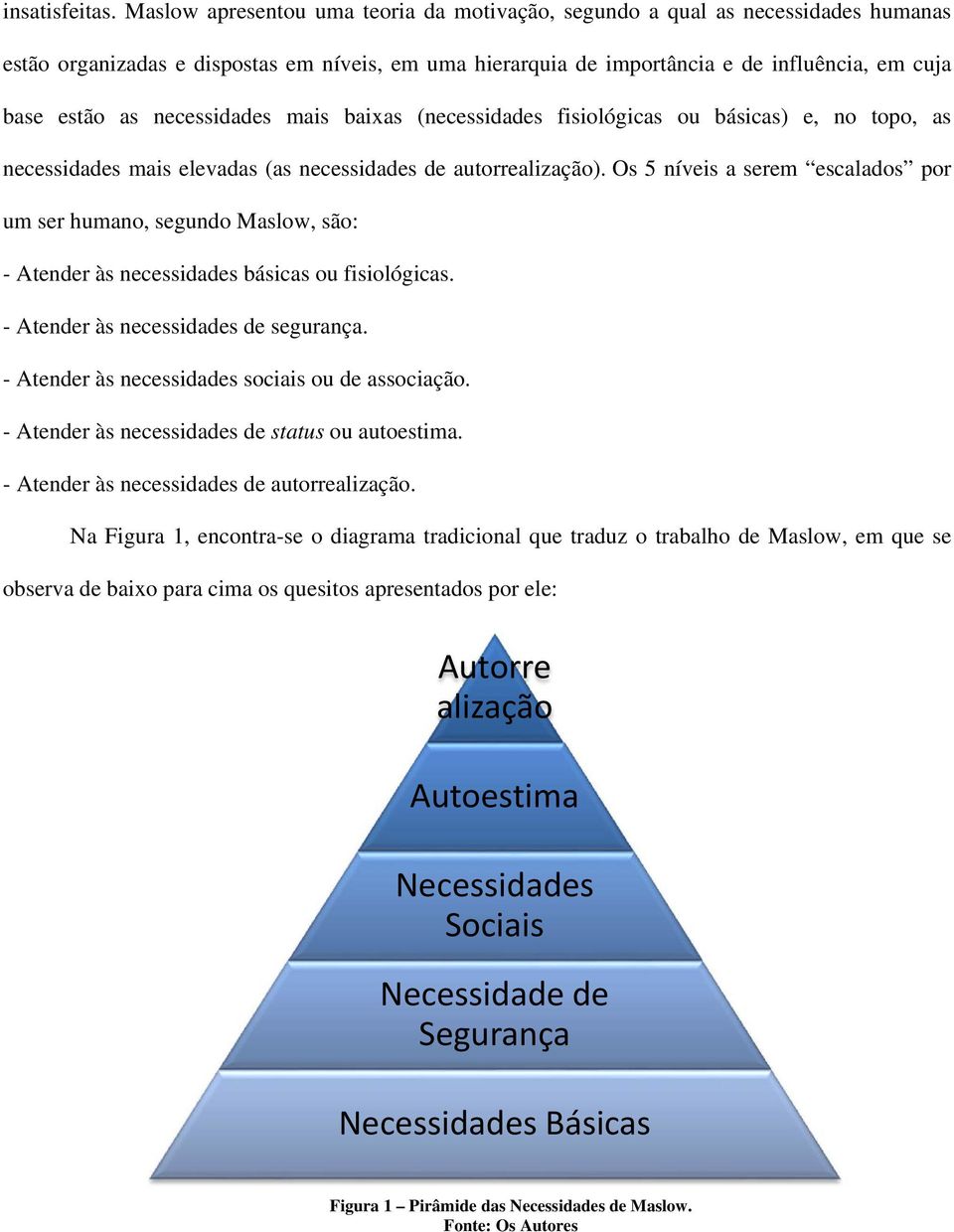 necessidades mais baixas (necessidades fisiológicas ou básicas) e, no topo, as necessidades mais elevadas (as necessidades de autorrealização).