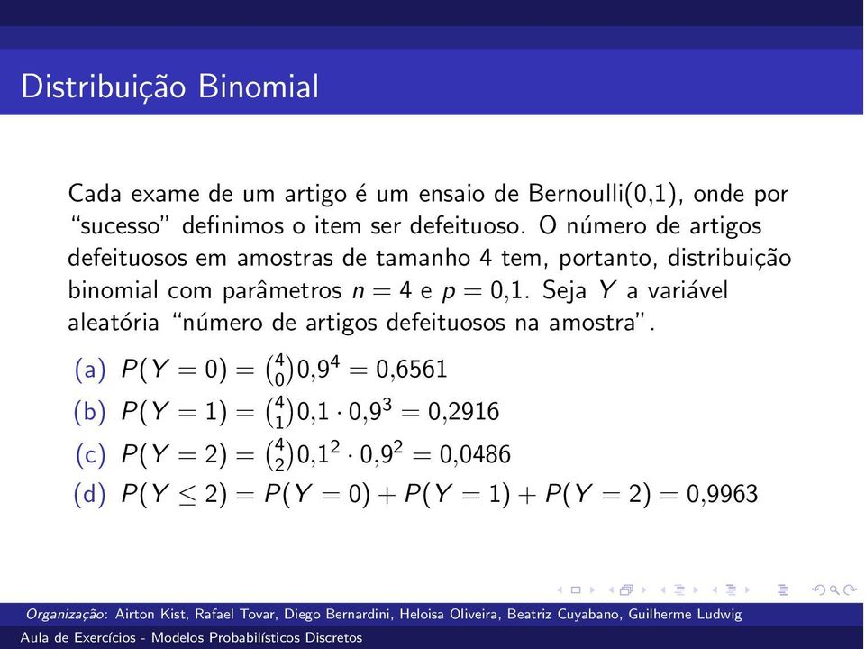 O número de artigos defeituosos em amostras de tamanho 4 tem, portanto, distribuição binomial com parâmetros n =4ep