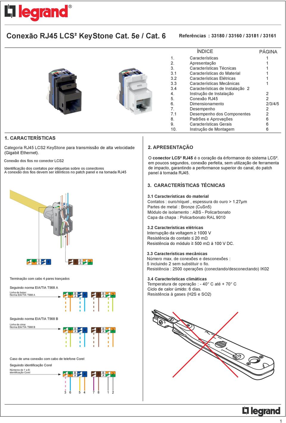 RJ45 Dimensionamento Desempenho Desempenho dos Componentes Padrões e Aprovações Características Gerais Instrução de Montagem PÁGINA /3/4/5.