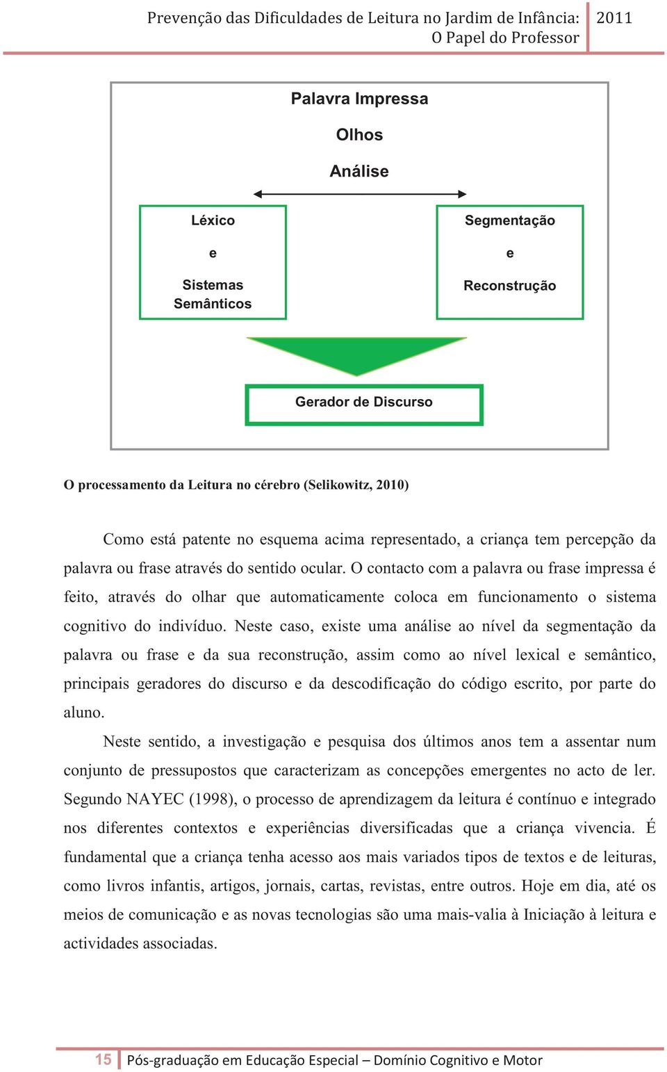 O contacto com a palavra ou frase impressa é feito, através do olhar que automaticamente coloca em funcionamento o sistema cognitivo do indivíduo.