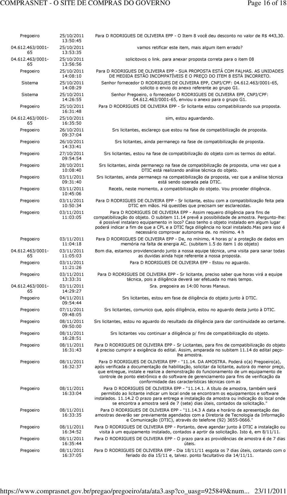 Pregoeiro 03/11/2011 11:21:26 Pregoeiro 03/11/2011 13:33:31 03/11/2011 14:29:27 Pregoeiro 04/11/2011 09:54:44 Pregoeiro 07/11/2011 09:48:05 Pregoeiro 08/11/2011 09:50:00 Pregoeiro 08/11/2011 16:28:51