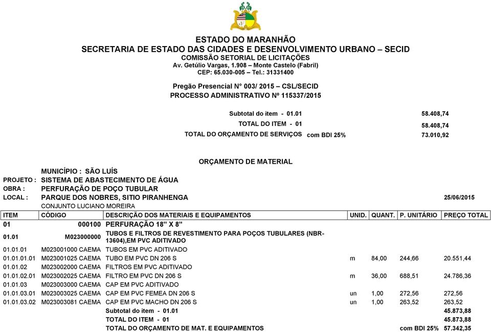 MOREIRA ITEM CÓDIGO DESCRIÇÃO DOS MATERIAIS E EQUIPAMENTOS UNID. QUANT. P. UNITÁRIO PREÇO TOTAL 01 000100 PERFURAÇÃO 18'' X 8'' 01.