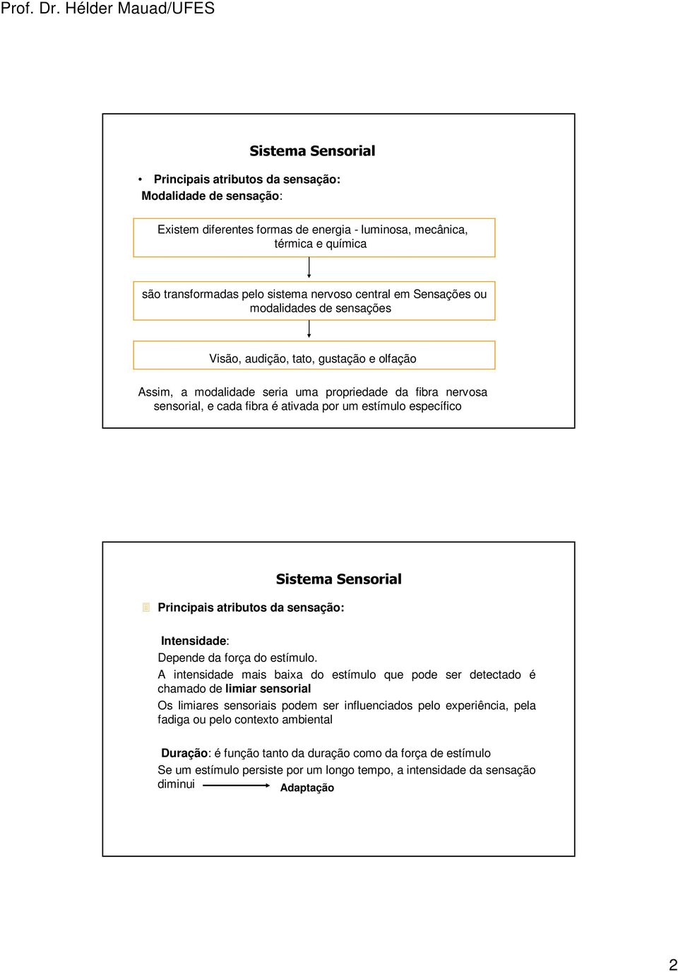 específico Sistema Sensorial Principais atributos da sensação: Intensidade: Depende da força do estímulo.