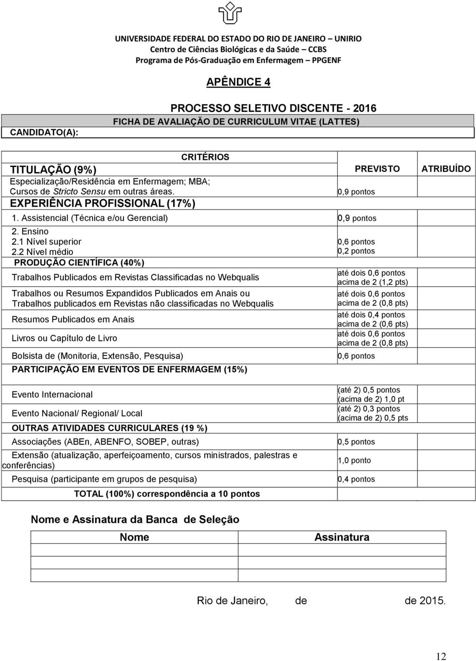 EXPERIÊNCIA PROFISSIONAL (17%) PREVISTO 0,9 pontos 1. Assistencial (Técnica e/ou Gerencial) 0,9 pontos 2. Ensino 2.1 Nível superior 2.