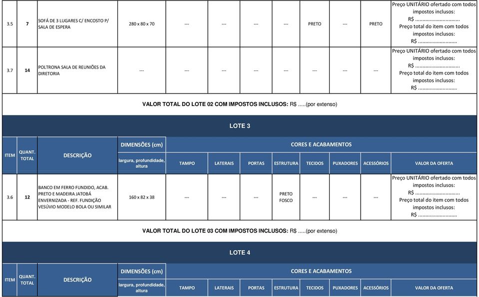 TOTAL DESCRIÇÃO DIMENSÕES (cm) largura, profundidade, altura ES E ACABAMENTOS TAMPO LATERAIS PORTAS ESTRUTURA TECIDOS PUXADORES ACESSÓRIOS VALOR DA OFERTA 3.