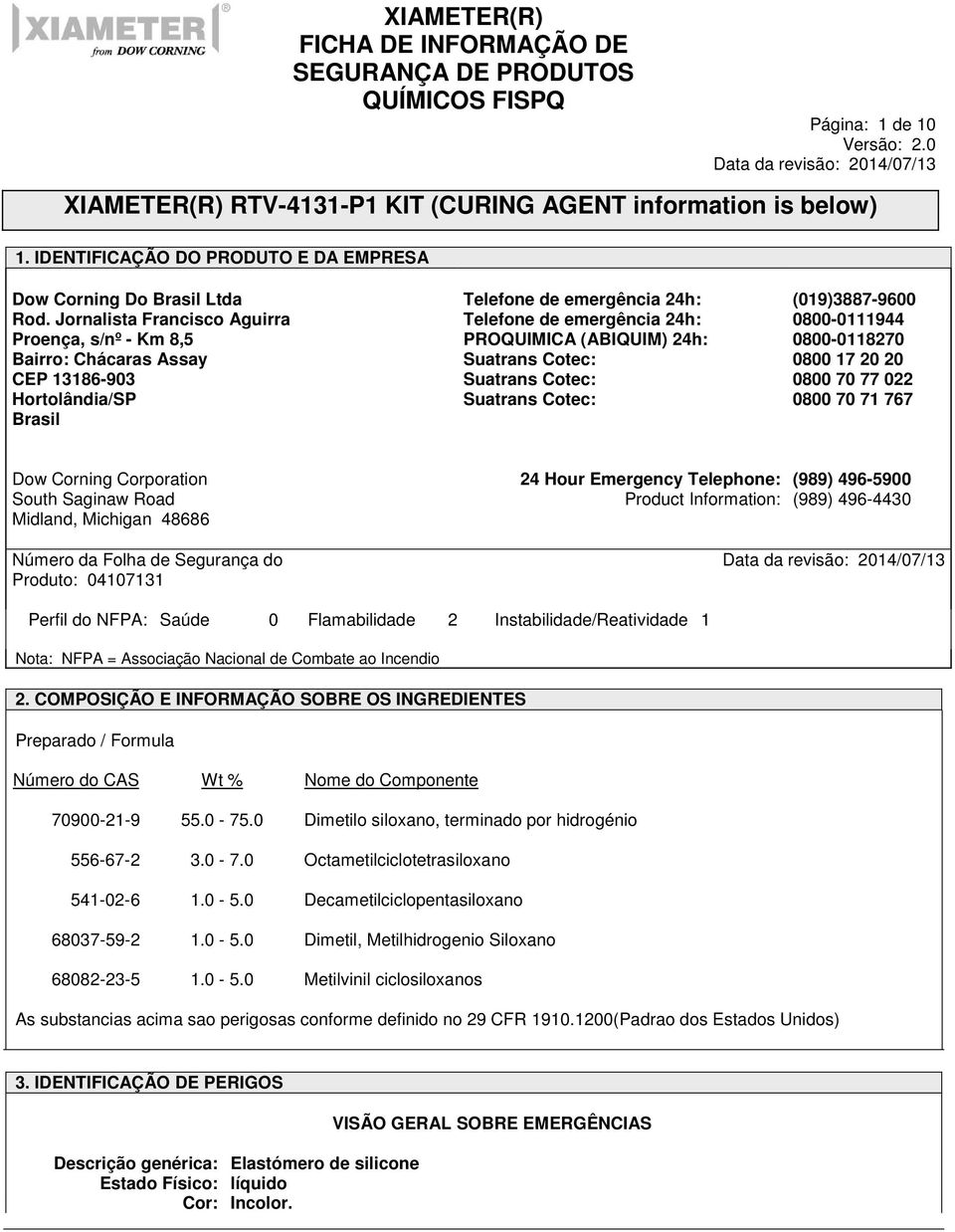 Suatrans Cotec: Suatrans Cotec: Suatrans Cotec: (019)3887-9600 0800-0111944 0800-0118270 0800 17 20 20 0800 70 77 022 0800 70 71 767 Dow Corning Corporation South Saginaw Road Midland, Michigan 48686