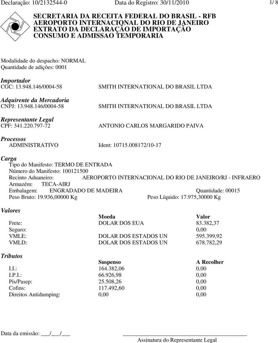 797-72 SMITH INTERNATIONAL DO BRASIL LTDA SMITH INTERNATIONAL DO BRASIL LTDA ANTONIO CARLOS MARGARIDO PAIVA Processos ADMINISTRATIVO Ident: 10715.