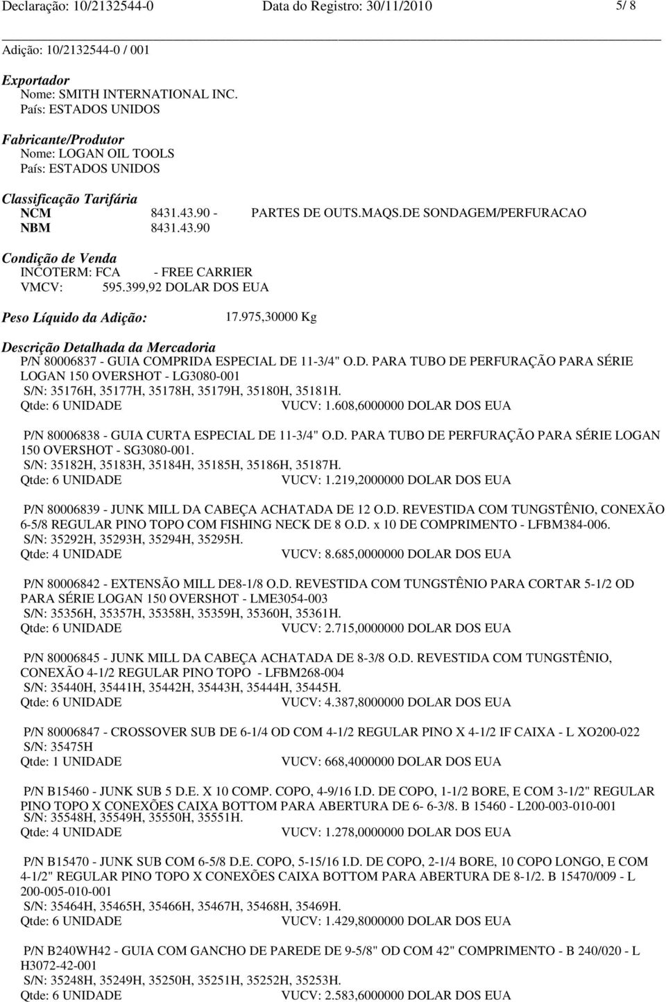 975,30000 Kg Descrição Detalhada da Mercadoria P/N 80006837 - GUIA COMPRIDA ESPECIAL DE 11-3/4" O.D. PARA TUBO DE PERFURAÇÃO PARA SÉRIE LOGAN 150 OVERSHOT - LG3080-001 S/N: 35176H, 35177H, 35178H, 35179H, 35180H, 35181H.