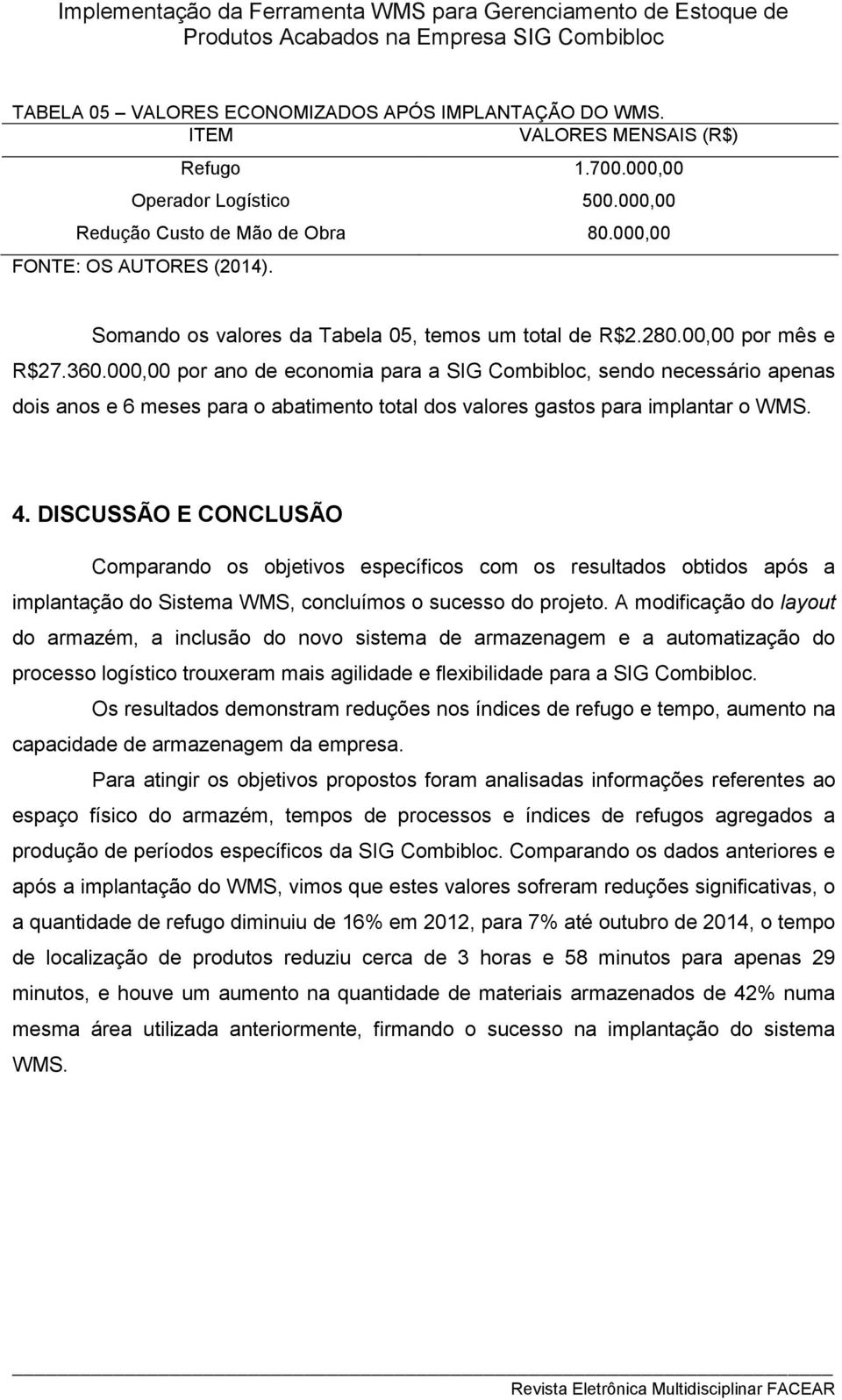 000,00 por ano de economia para a SIG Combibloc, sendo necessário apenas dois anos e 6 meses para o abatimento total dos valores gastos para implantar o WMS. 4.