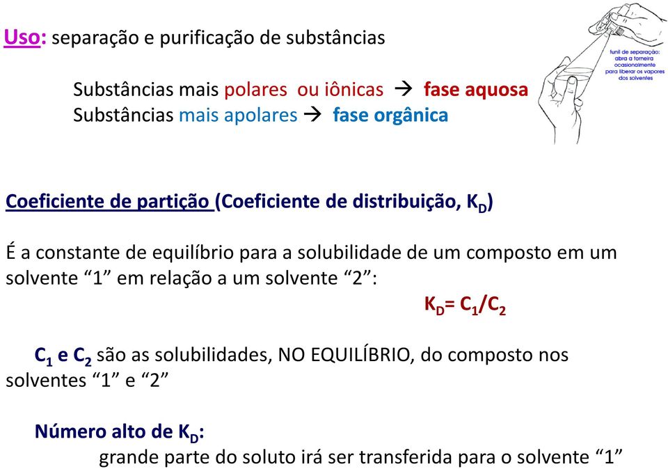 composto em um solvente 1 em relação a um solvente 2 : K D = C 1 /C 2 C 1 e C 2 são as solubilidades, NO EQUILÍBRIO, do