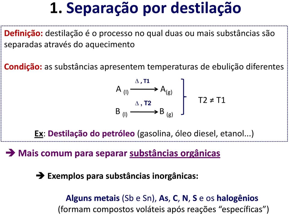 Ex: Destilação do petróleo(gasolina, óleo diesel, etanol.