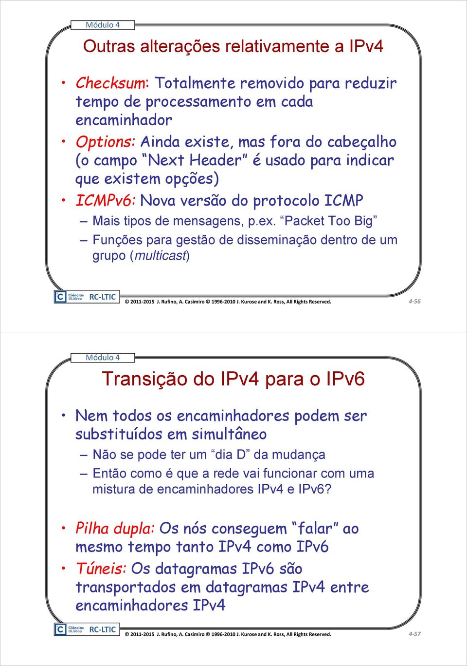 stem opções) ICMPv6: Nova versão do protocolo ICMP Mais tipos de mensagens, p.ex.