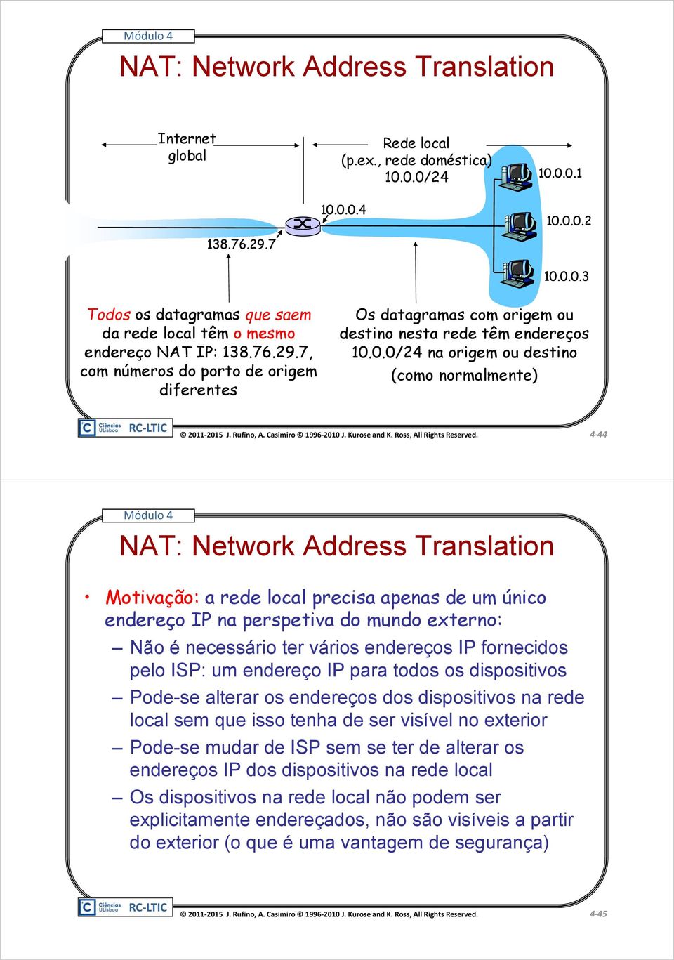 0.0/24 na origem ou destino (como normalmente) 4 44 NAT: Network Address Translation Motivação: a rede local precisa apenas de um único endereço IP na perspetiva do mundo externo: Não é necessário